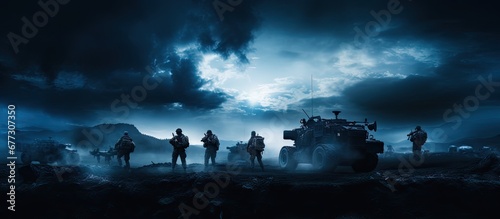 Battle scene depicting soldiers fighting below a foggy sky with an emphasis on armored vehicles Copy space image Place for adding text or design