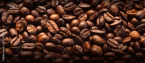 Close up background of roasted coffee beans Copy space image Place for adding text or design