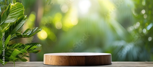 Blurry nature background outdoors with wooden tabletop and green leaf plants representing a natural product display in a tropical garden Copy space image Place for adding text or design photo