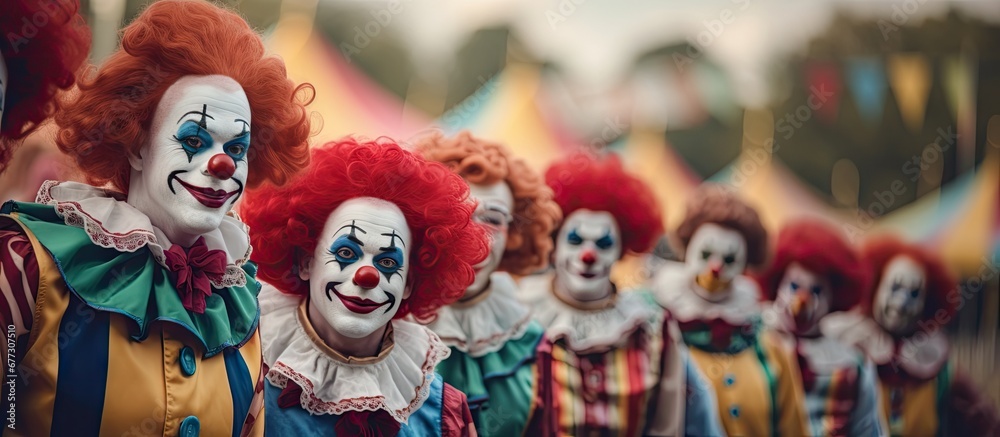 Clowns lined up at a game in a park Copy space image Place for adding text or design