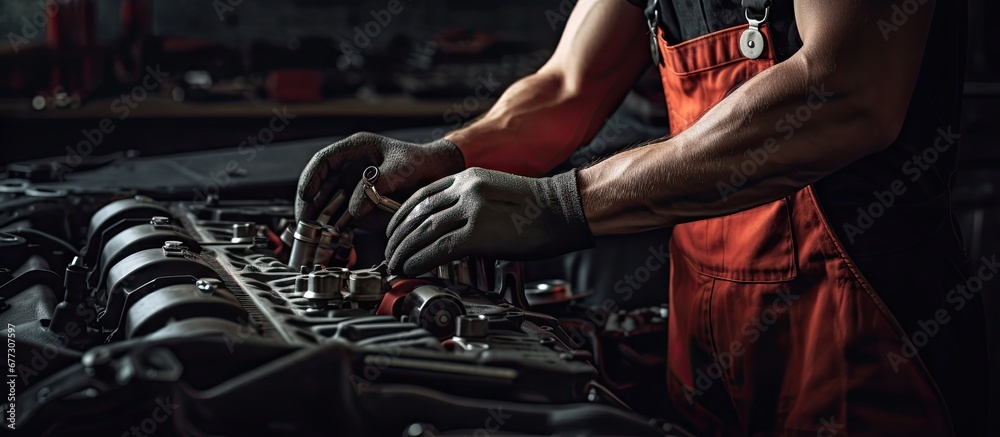 A mechanic fixes a car s valve system Copy space image Place for adding text or design - obrazy, fototapety, plakaty 