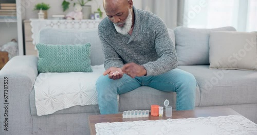 Container, senior black man and organise pills tablet, health medication or pharmaceutical prescription. Home sofa, medical supplement drugs and African elderly person set daily healthcare medicine