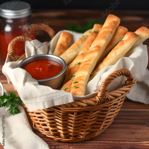 Bread sticks with tomato sauce in a basket on a wooden background