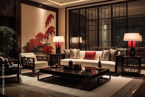 Contemporary Chinese interior design showcasing a modern oriental living room in the night © Darya Lavinskaya