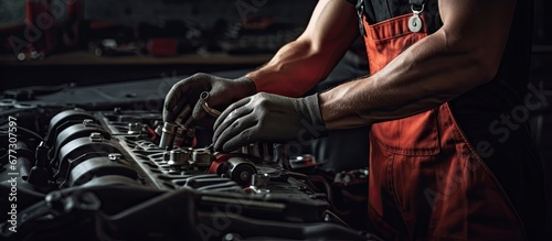 A mechanic fixes a car s valve system Copy space image Place for adding text or design photo