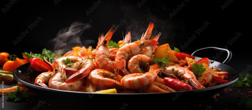 Chef prepares shrimp and vegetables in a frying pan for menus and restaurants on a black background Copy space image Place for adding text or design Chef prepares shrimp and vegetables in a frying pan for menus and restaurants on a black background Copy space image Place for adding text or design