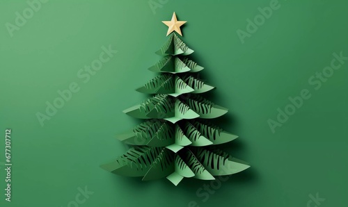 Top view of green decorative paper Christmas tree on green background, AI generator
