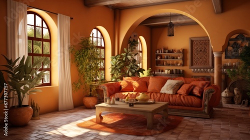 Cozy living room interior design in mediterranean style in yellow color tones with house plants