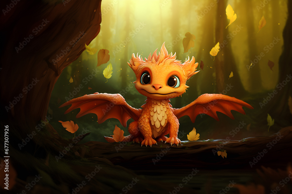 Super cute orange little baby dragon with big eyes. Fantasy monster with smile is sitting on a tree, a log. Small Funny Cartoon character. Fairytale animal. Forest background. Ai Illustration Super cute orange little baby dragon with big eyes. Fantasy monster with smile is sitting on a tree, a log. Small Funny Cartoon character. Fairytale animal. Forest background. Ai Illustration