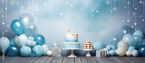 Celebrity themed birthday party with gourmet cafe for a one year old Decorated with a stunning blue cake meringues and a balloon Copy space image Place for adding text or design