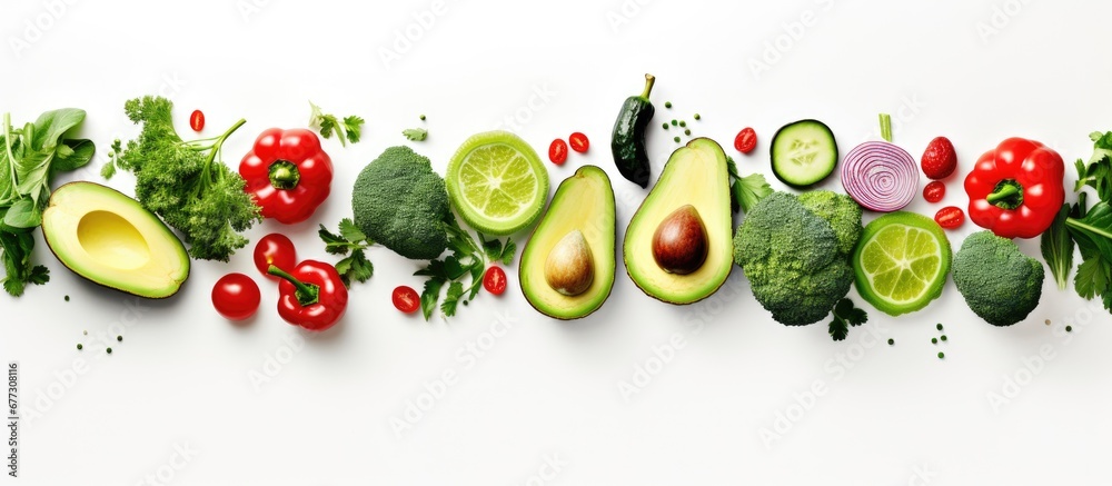 Avocado lime broccoli green pepper cucumber chilli pepper and zucchini arranged creatively in a flat lay depicting a food concept Green vegetables depicted on a white background Copy space imag - obrazy, fototapety, plakaty 