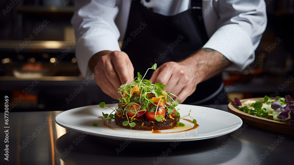 Chef garnishing a gourmet dish in a professional kitchen