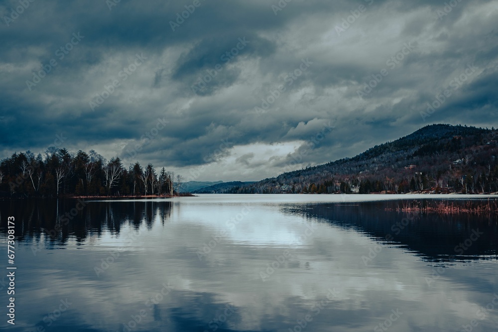 Beautiful landscape of a mirror lake on a cloudy day