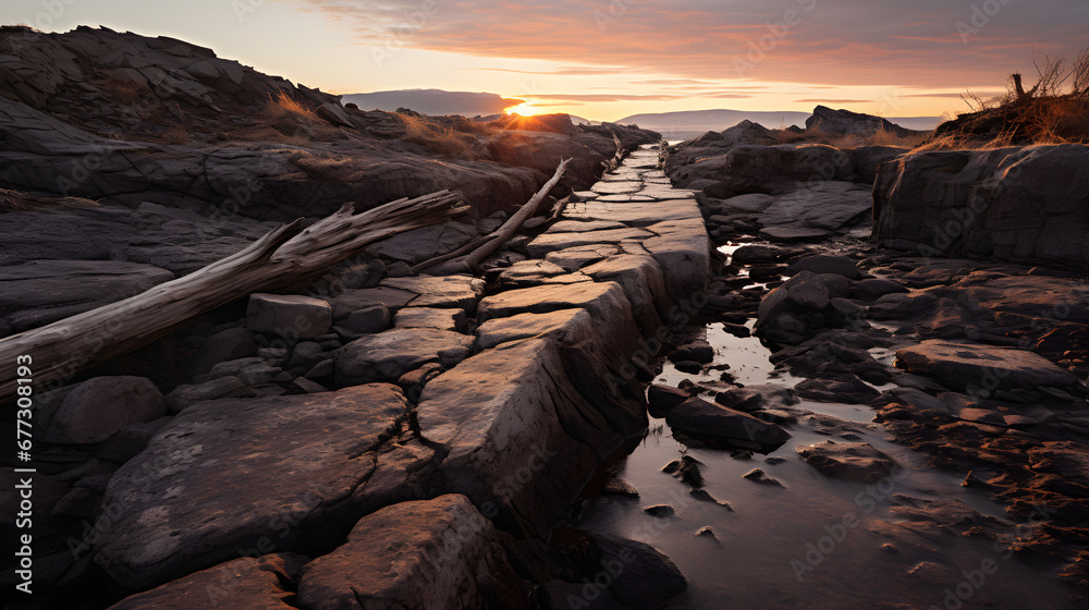 Rocky terrain at sunset with leading lines to horizon