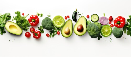 Avocado lime broccoli green pepper cucumber chilli pepper and zucchini arranged creatively in a flat lay depicting a food concept Green vegetables depicted on a white background Copy space imag