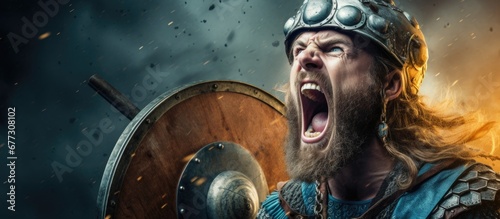A loud Viking warrior wields an ax and a shield in a vivid picture Copy space image Place for adding text or design photo