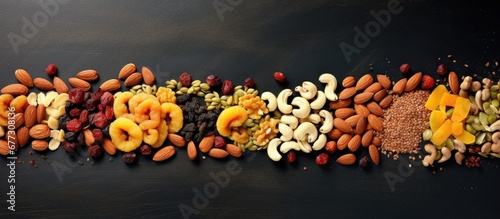 Assorted dried fruits and nuts cashews hazelnuts peanuts apricots viburnum raisins Copy space image Place for adding text or design