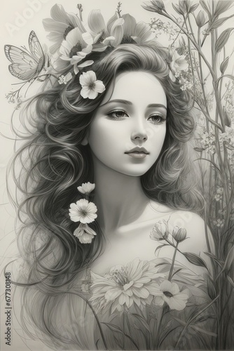 Illustration of a girl in flowers
