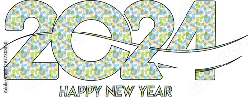 Greeting card Happy New Year 2024. Beautiful holiday web banner or billboard with Golden sparkling text Happy New Year 2024 written sparklers on festive blue background with fireworks