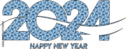 Greeting card Happy New Year 2024. Beautiful holiday web banner or billboard with Golden sparkling text Happy New Year 2024 written sparklers on festive blue background with fireworks