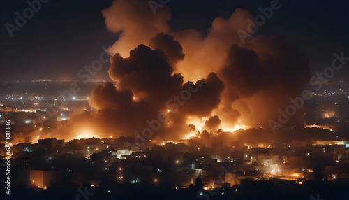 Aerial view of a big fire in the city at night.