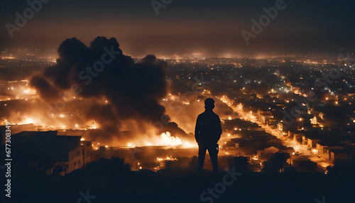 Man looking at city at night with smoke and fire. Mixed media