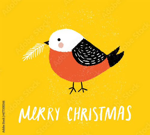 Cute robin bird holding a branch of Christmas tree, whimsical Christmas greeting card design, yellow background