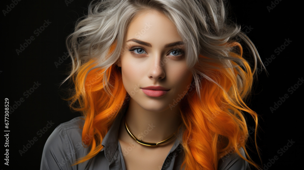 Fashionable bicolor grey orange hairstyle. Young short hair woman close up portrait. - obrazy, fototapety, plakaty 