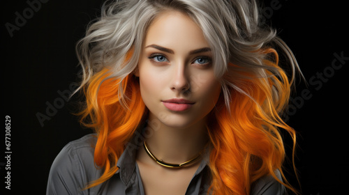 Fashionable bicolor grey orange hairstyle. Young short hair woman close up portrait. photo