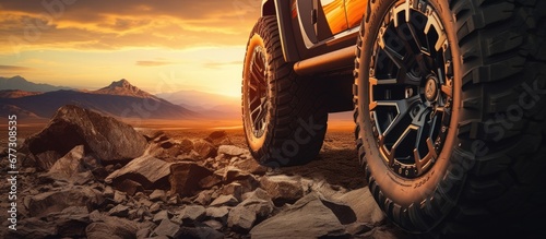 Close up photo of a large offroad wheel with a 4x4 car set against a sunset and mountains representing the travel concept Copy space image Place for adding text or design