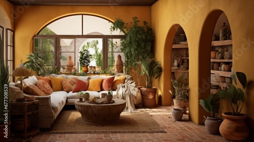 Cozy living room interior design in mediterranean style in yellow color tones with house plants