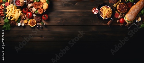 Buffet table with various take out and delivery foods including pizza hamburgers fried chicken and sides viewed from above on dark wood background Copy space image Place for adding text or desi