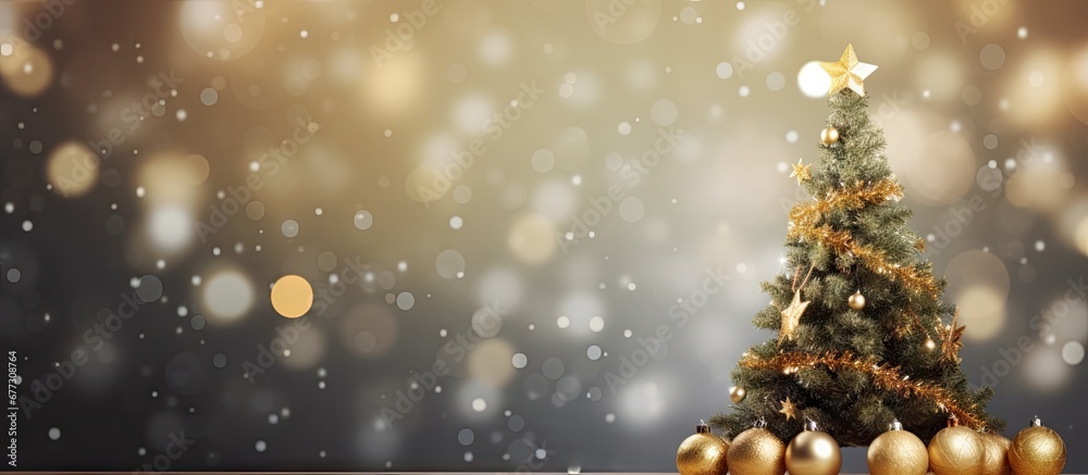 Blurred fairy background with decorated Christmas tree Copy space image Place for adding text or design