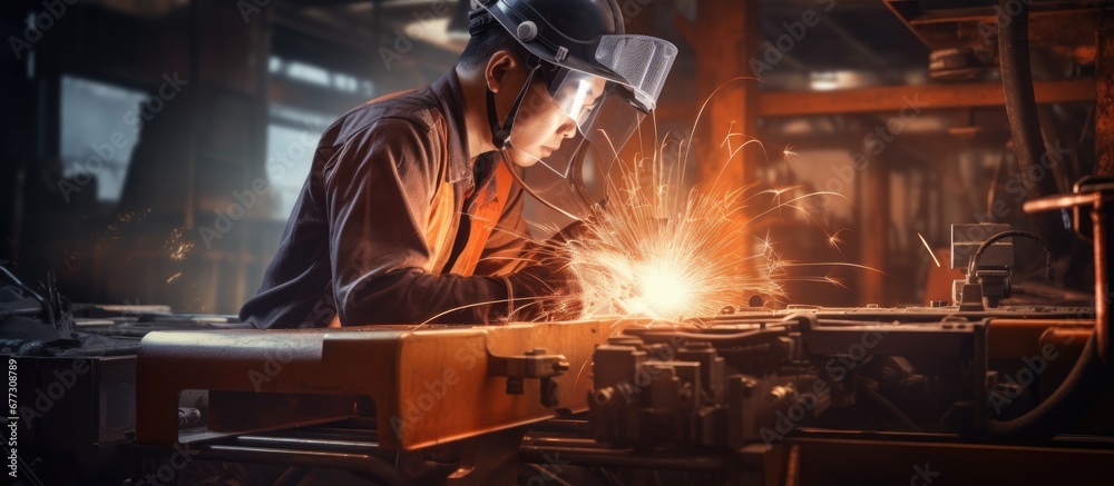 Asian worker operating a welding machine in an old Chinese factory assembling metal parts Copy space image Place for adding text or design Asian worker operating a welding machine in an old Chinese factory assembling metal parts Copy space image Place for adding text or design