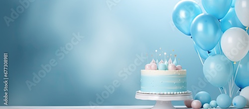 Celebrity themed birthday party with gourmet cafe for a one year old Decorated with a stunning blue cake meringues and a balloon Copy space image Place for adding text or design photo