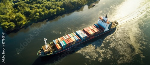 Blocked canal due to huge ship accident aerial view of stranded cargo ship with salvage crews highlighting safety and insurance Copy space image Place for adding text or design photo