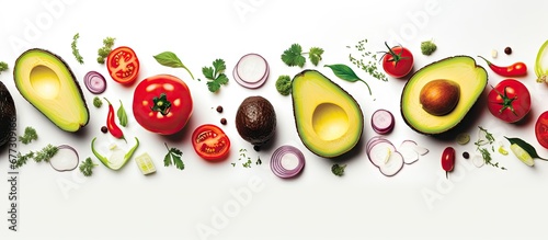 Avocado onion tomatoes chilly pepper cucumber garlic and lemon arranged artistically for a food concept isolated on white Copy space image Place for adding text or design