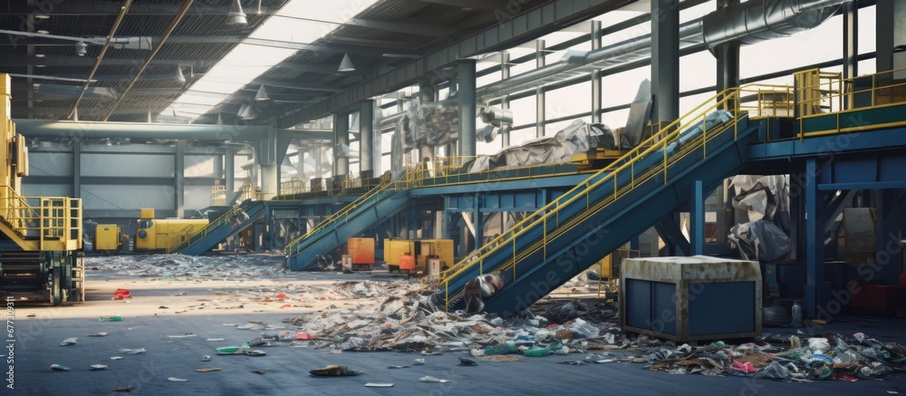 Advanced waste processing facility with conveyors filled with diverse household waste Copy space image Place for adding text or design