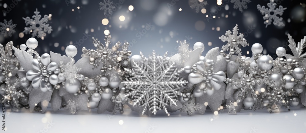 Christmas backdrop featuring a gilded frame with white stars silver snowflakes and beads Copy space image Place for adding text or design Christmas backdrop featuring a gilded frame with white stars silver snowflakes and beads Copy space image Place for adding text or design