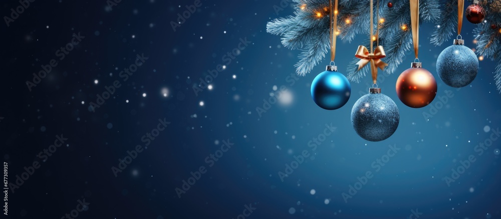 Blue abstract night with gift boxes hanging from a fir branch in a bauble encased Christmas tree Copy space image Place for adding text or design - obrazy, fototapety, plakaty 