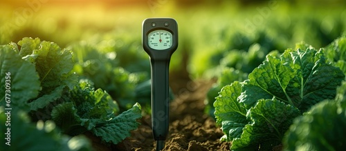Agricultural concept soil meter measures fertility for organic vegetable plants Copy space image Place for adding text or design photo