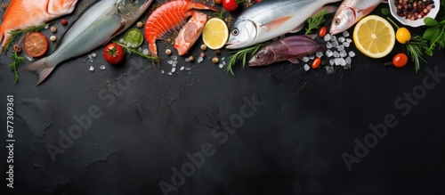 Assorted fresh raw seafood on black slate Top view with copy space Copy space image Place for adding text or design photo
