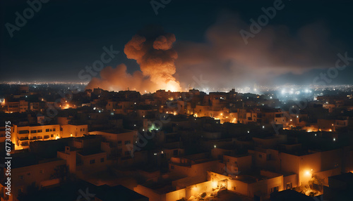 Aerial view of the city at night with a large fire in the city.