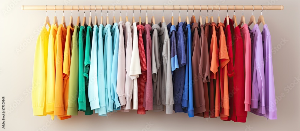 Brightly colored garments displayed against a light backdrop Copy space image Place for adding text or design