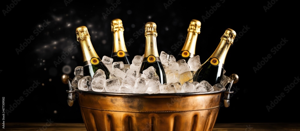 Champagne bottles in cooler with ice bucket in front Focused on Copy space image Place for adding text or design