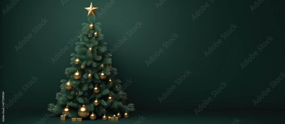 Christmas tree adorned with ornaments and lights on a dark green background Festive greeting card frame and banner for Merry Christmas Happy Holidays New Year Noel and winter holiday theme Copy Christmas tree adorned with ornaments and lights on a dark green background Festive greeting card frame and banner for Merry Christmas Happy Holidays New Year Noel and winter holiday theme Copy