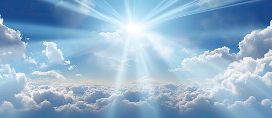 Beautiful cloudy sky with sunshine Peaceful natural background Sunny divine heaven Religion heavenly concept Copy space image Place for adding text or design