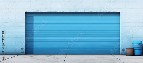 Blue door and window in the garage Copy space image Place for adding text or design