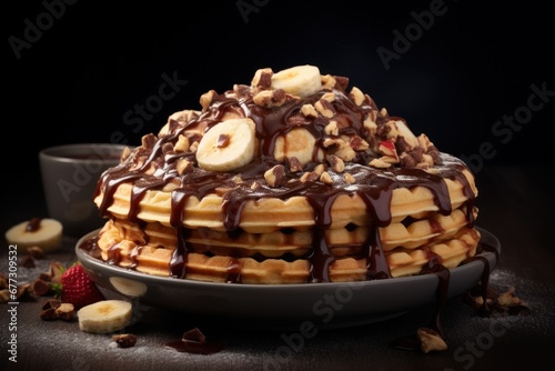 Vienna waffles with chocolate syrup and bananas.. Close-up, professional shooting