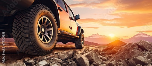 Close up photo of a large offroad wheel with a 4x4 car set against a sunset and mountains representing the travel concept Copy space image Place for adding text or design photo